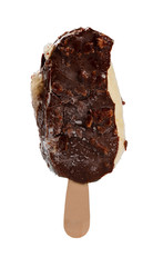 chocolate outer popsicle with couple of bites on white background with clipping path