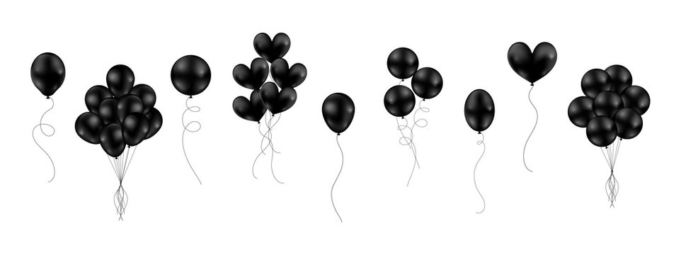 Big Set Of Black Shiny Balloons Different Style Isolated Float On White Background. Vector Illustration.