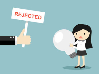 Business concept, Hand shows rejected sign to business woman's idea. Vector illustration.