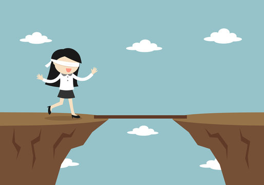 Business concept, Blindfolded business woman is walking to the cliff. Vector illustration.