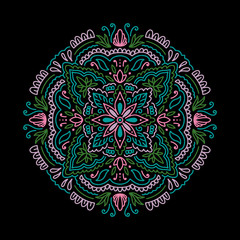 Graphic round mandala abstract isolated in black background.Boho indian shape.Ethnic oriental style.