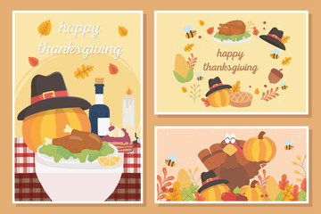 happy thanksgiving celebration card food turkey pumpkin pie acorn leaves
