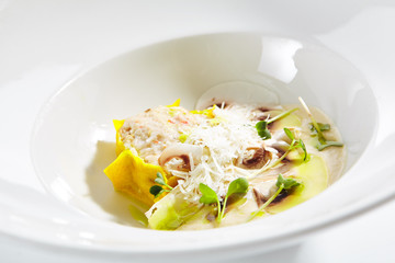 Crab Meat Ravioli and Porcini Mushroom Espuma