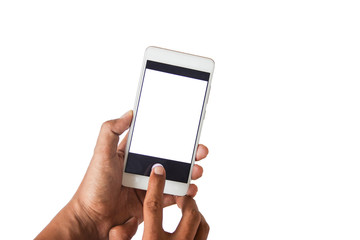 Closed up two hands and pressing photo capture buttons on blank space smart phone.