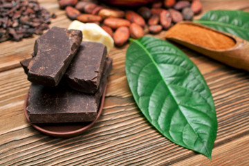 Cocoa beans with green leaves, chopped chocolate, cocoa butter, cacao powder in a scoop and heap of cocoa nibs on wooden background.