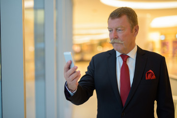 Handsome senior businessman with mustache using phone in the city