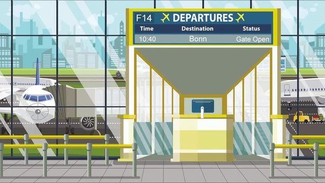 Airport gate. Departure board with Bonn text. Travel to Germany related loopable cartoon animation
