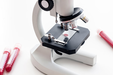Blood drop under microscope on white background