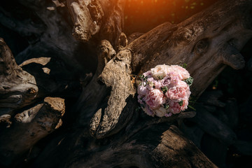 Delicate bouquet of pink flowers lies on a tree trunk. Wedding bouquet lying on dry wood background.