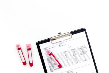 Blood test results on white background top view copy space