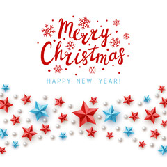 Fototapeta na wymiar Christmas greeting card with red and blue stars decor on white - vector background for winter holiday design