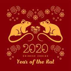 Fototapeta na wymiar Year of the Rat 2020 Chinese zodiac. Happy New Year card, Golden rats and money on a red background. Vector illustration