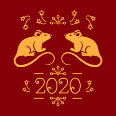 Happy New Year card 2020 year of the Rat, Christmas greeting card. Golden rats and money on a red background. Vector illustration