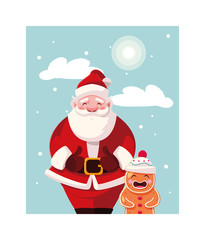 santa claus with gingerbread man in winter landscape