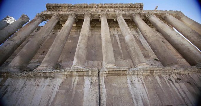 Tilt down on columns of Temple of Bacchus, Baalbek, Lebanon