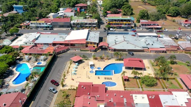 Aerial: Coastal Town of Jaco, Hotels With Swimming Pools Situated Near the Beach