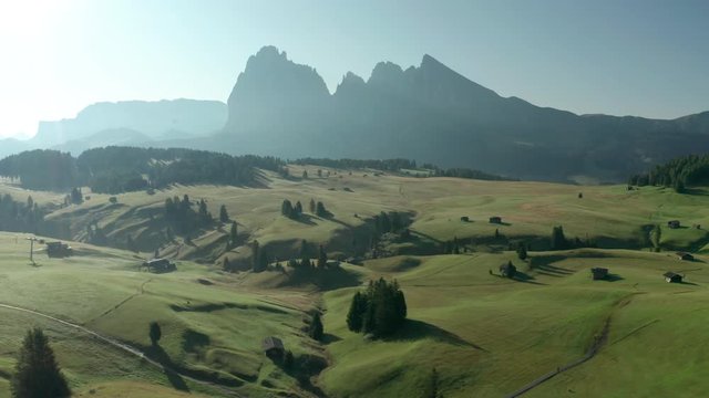 Valley in the Italian Dolomites. Mountin plateau aerial view during sunrise.