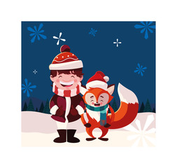 boy and fox with hat of winter in winter landscape