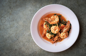 Spicy shrimp stir fried with top view 