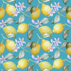 Watercolor seamless pattern of lemons and blossom branches