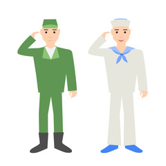 The soldier and the sailor. The soldier salutes. The sailor salutes. Flat design. The cartoon characters. Vector illustration.