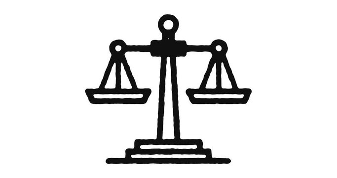 Scales of Justice outline icon animation footage/video. Hand drawn like symbol animated with motion graphic, can be used as loop item, has alpha channel and it's at 4K video resolution.
