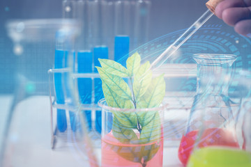 Scientist research and development concept. Double exposure image of medical lab instrument and chemistry in laboratory for medicine study