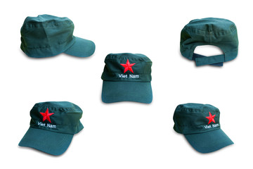 Collection of Vietnam Glove Dark green hat with red star isolated on white background. Baseball caps in military style.