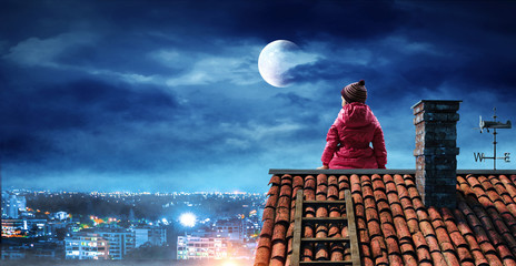 Child dreaming alone. Mixed media
