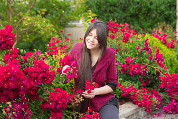 Young woman sitting in red  rose bushes picking flowers