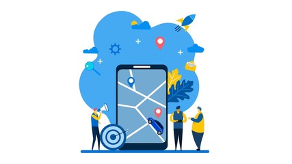 Website or landing page of Gps system,location on the city map, navigation in the smartphone with Tiny People Character Concept Vector Illustration, Suitable For web landing page,Wallpaper, 