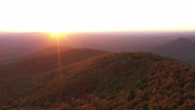Aerial Sunset at Georgia Moutains during the fall with sun rays in Jasper