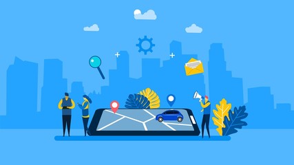 Obraz premium Website or landing page of Gps system,location on the city map, navigation in the smartphone with Tiny People Character Concept Vector Illustration, Suitable For web landing page,Wallpaper, Background