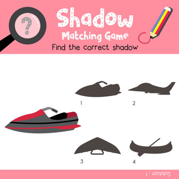 Shadow matching game Jet Ski cartoon character side view vector illustration
