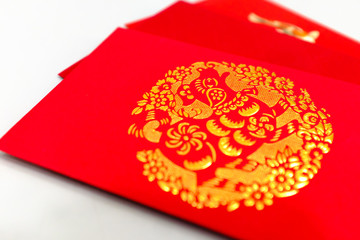 Chinese dog new year red package display on white background