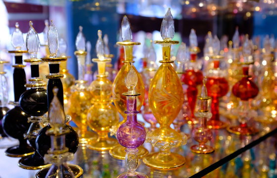 colorful Essential oil perfume bottles on a showcase