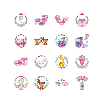 Variety gifts and love icon set pack vector design