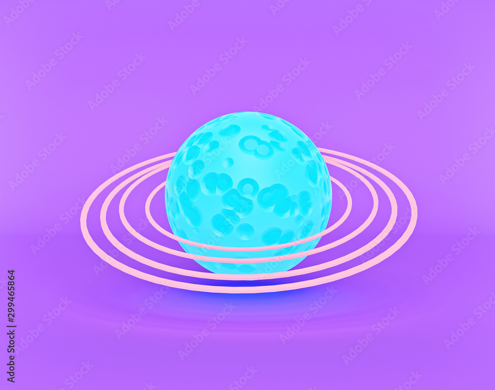 Poster blue abstract planet with rings isolated on violet background. minimalism concept. 3d rendering