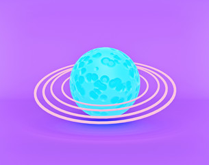 blue abstract planet with rings isolated on violet background. Minimalism concept. 3d rendering