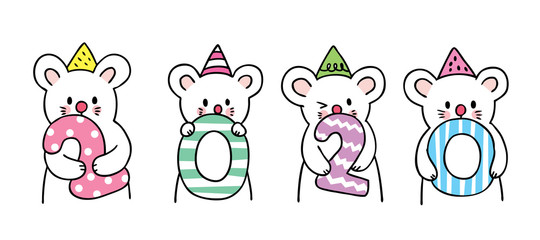 Cartoon cute new year 2020 mouses celebration vector.