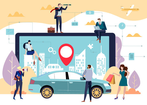 Concept of a car sharing app in a city. Illustration in flat style.