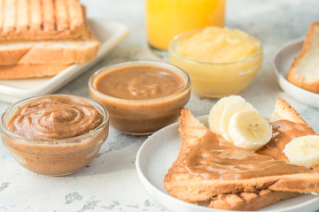 list toasted nut butters : almond, peanut butter, marzipan. Toast bread with spread