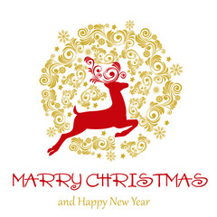 Winter christmas card. Against the background of deer, stars, birds, snowflakes and ornament. Vector drawing for design.