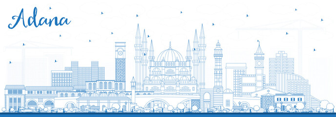 Outline Adana Turkey City Skyline with Blue Buildings.