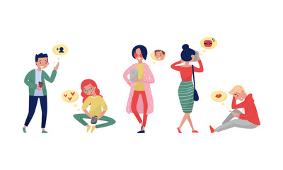 People Using Pocket Screens. Young Men and Women Standing, Walking, Holding Mobile Devices