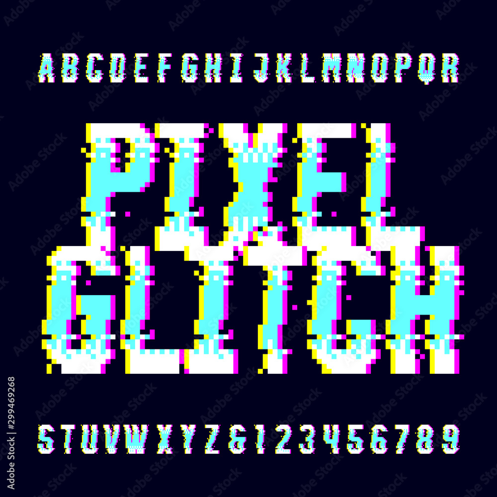 Fototapete pixel glitch alphabet font. digital distort letters and numbers. 80s arcade video game typescript.