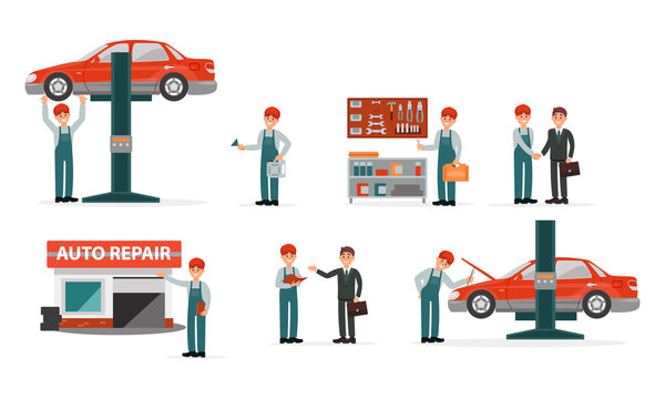 Auto Repair Service Center Vector Illustrations Set. Tire Servicing Person Working
