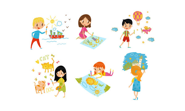 Small Kids Painting On Paper With Paints Vector Illustration Set