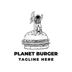 Single astronaut conquer a big burger logo concept