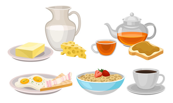 Delicious Breakfast Meal Vector Items Isolated On White Background